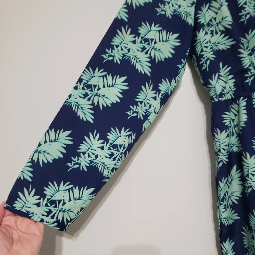 J. Crew Leaf Print Long Sleeve Dress 10 Navy Blue Mint Green Faux Wrap Lined